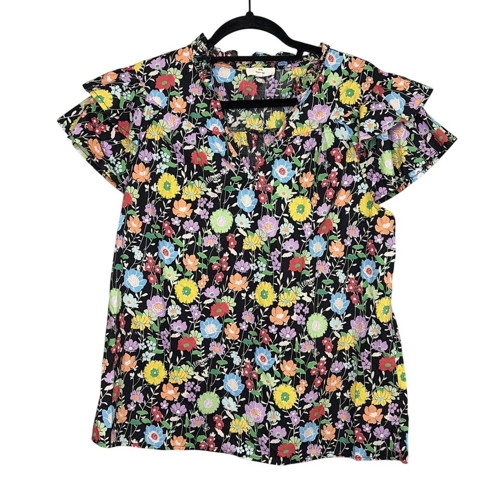 Entro Women Black Floral Flutter‎ Sleeve Split Neck Cotton Top T119827 Size L
